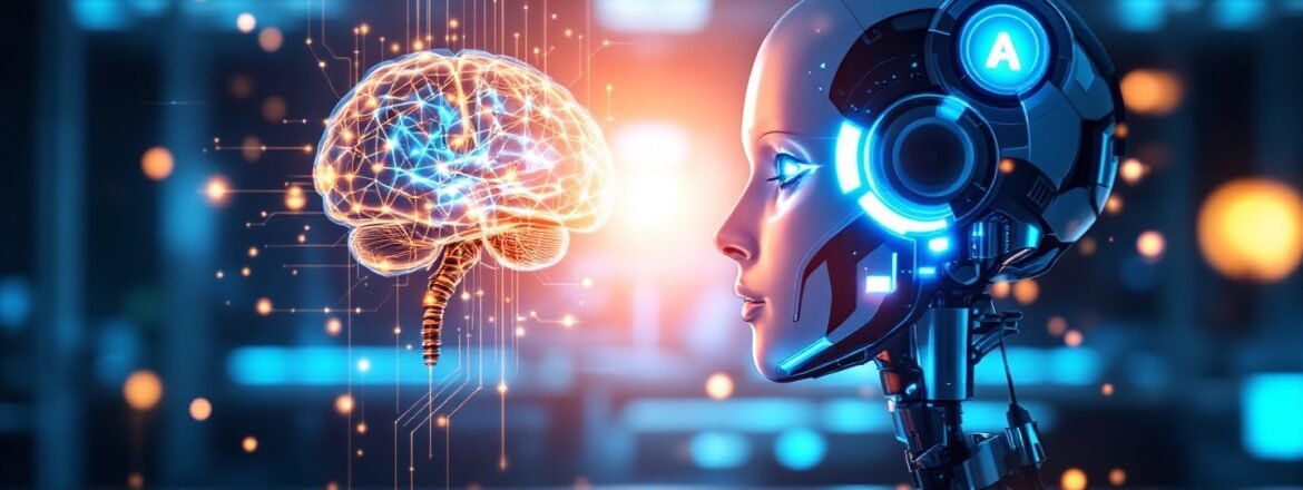 Un diseño gráfico que muestra un cerebro humano y un robot de IA, simbolizando el debate de si la IA sustituir psicólogo en la salud mental.